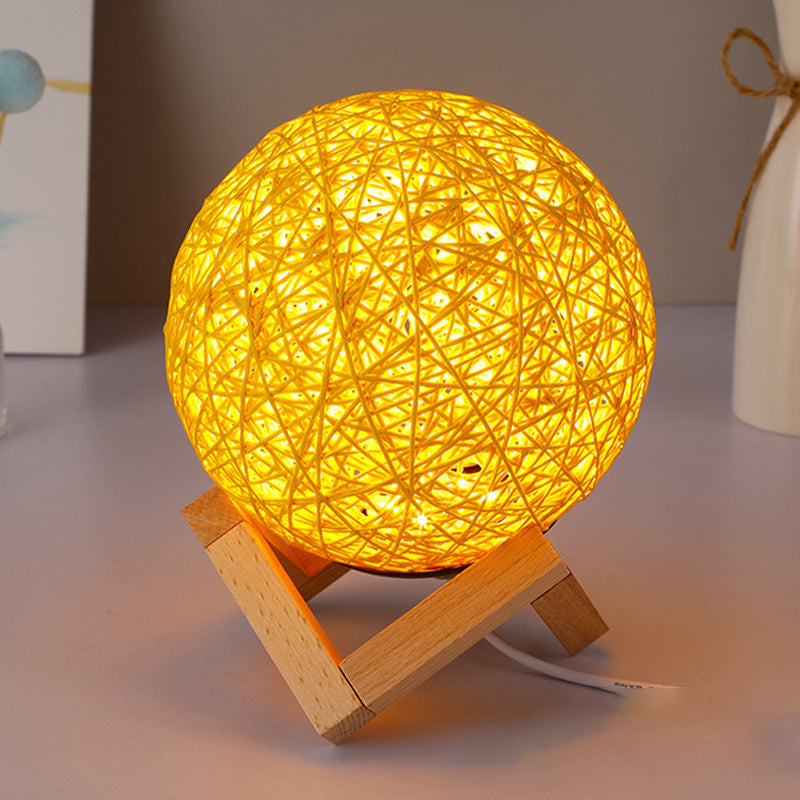 Globe Bamboo Night Lamp Contemporary 1 Light Yellow Finish Table Lighting with Wooden Base Yellow Clearhalo 'Lamps' 'Table Lamps' Lighting' 733402