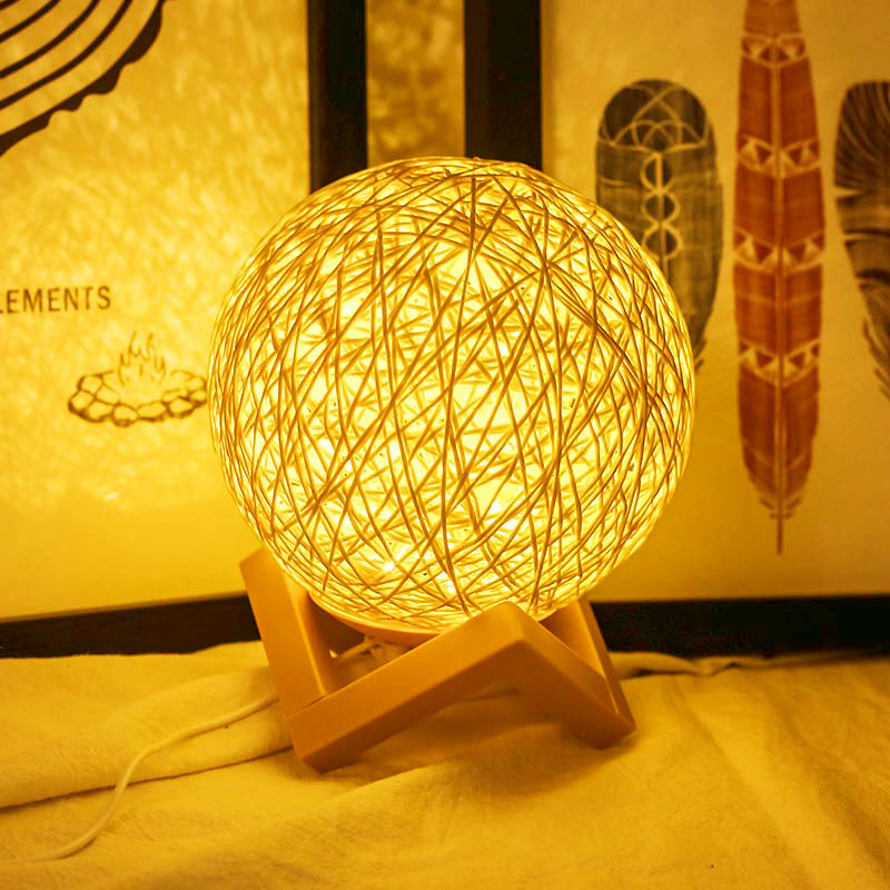 Globe Bamboo Night Lamp Contemporary 1 Light Yellow Finish Table Lighting with Wooden Base Clearhalo 'Lamps' 'Table Lamps' Lighting' 733404