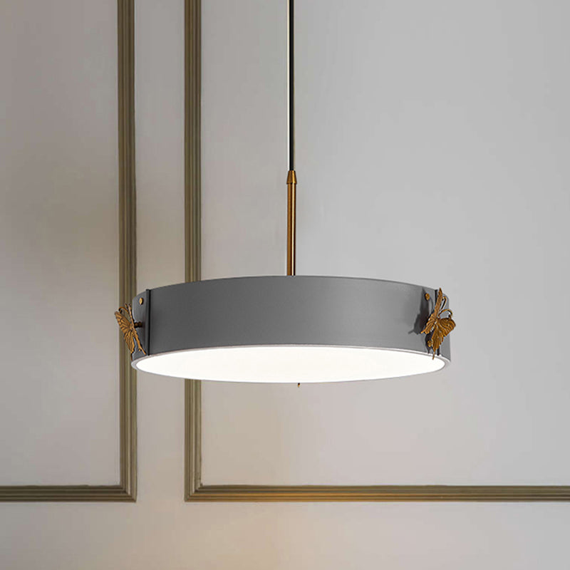 Drum Pendant Lamp Minimalist Acrylic LED Grey Finish Hanging Light Fixture with Butterfly Design Clearhalo 'Ceiling Lights' 'Modern Pendants' 'Modern' 'Pendant Lights' 'Pendants' Lighting' 733538