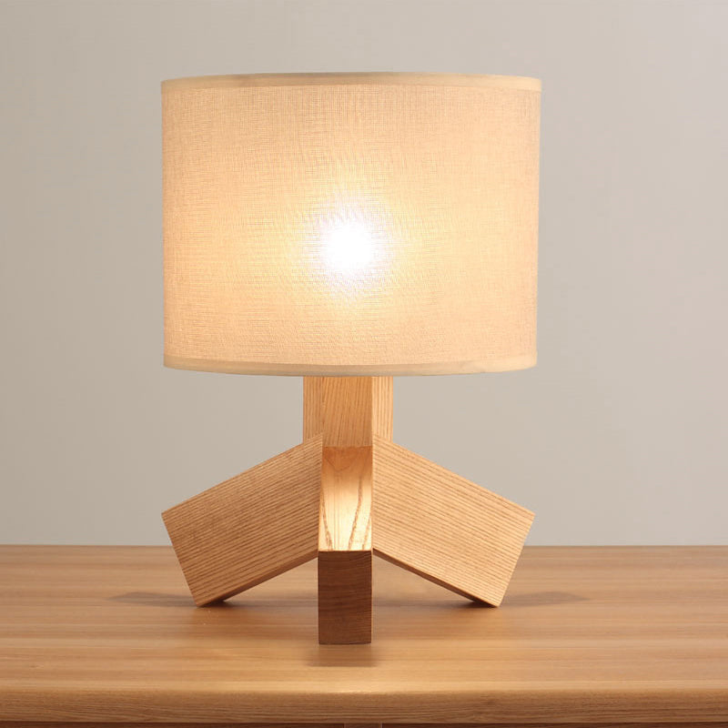 Beige Tripod Base Desk Light Modernist 1 Light Wood Night Table Lamp with Drum Fabric Shade Wood Clearhalo 'Lamps' 'Table Lamps' Lighting' 733733