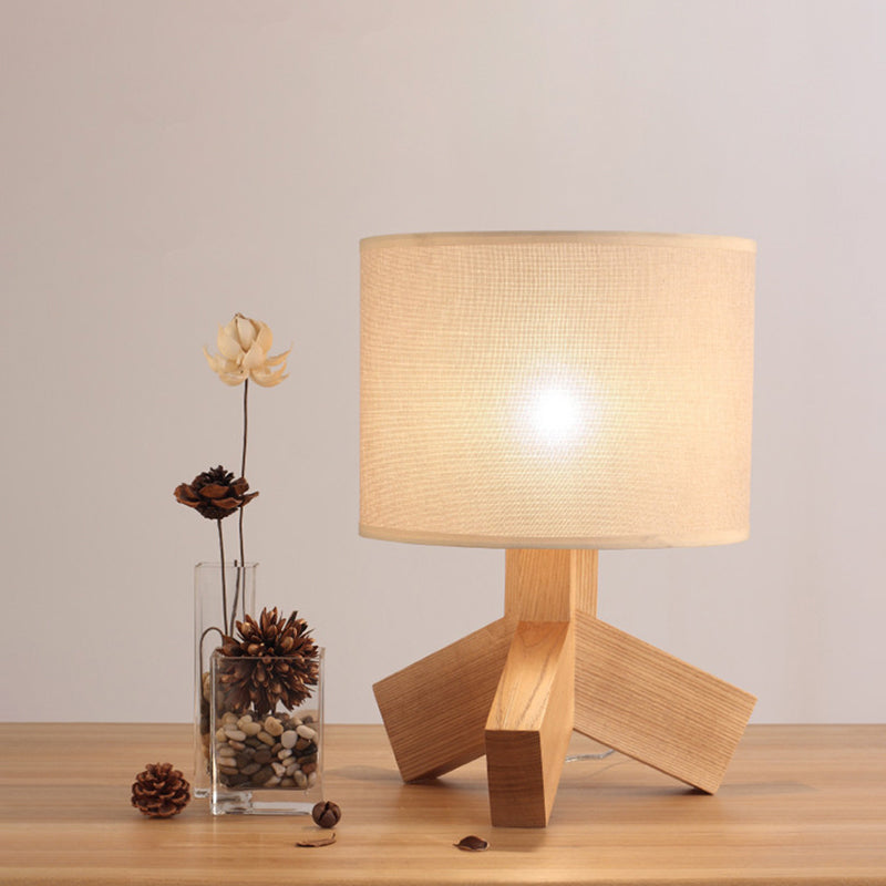 Beige Tripod Base Desk Light Modernist 1 Light Wood Night Table Lamp with Drum Fabric Shade Clearhalo 'Lamps' 'Table Lamps' Lighting' 733734