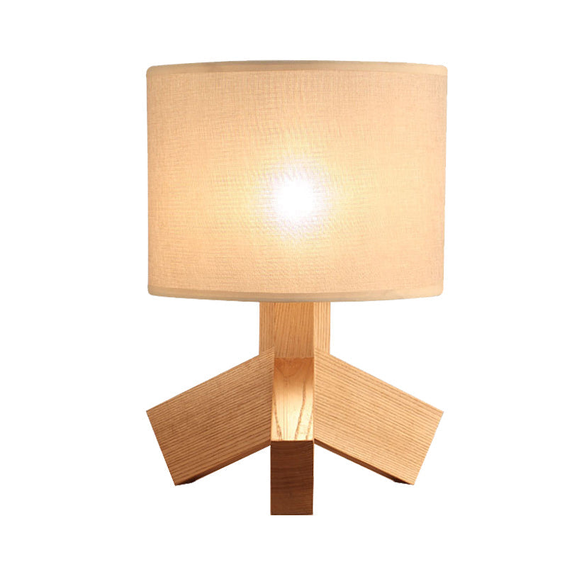 Beige Tripod Base Desk Light Modernist 1 Light Wood Night Table Lamp with Drum Fabric Shade Clearhalo 'Lamps' 'Table Lamps' Lighting' 733735