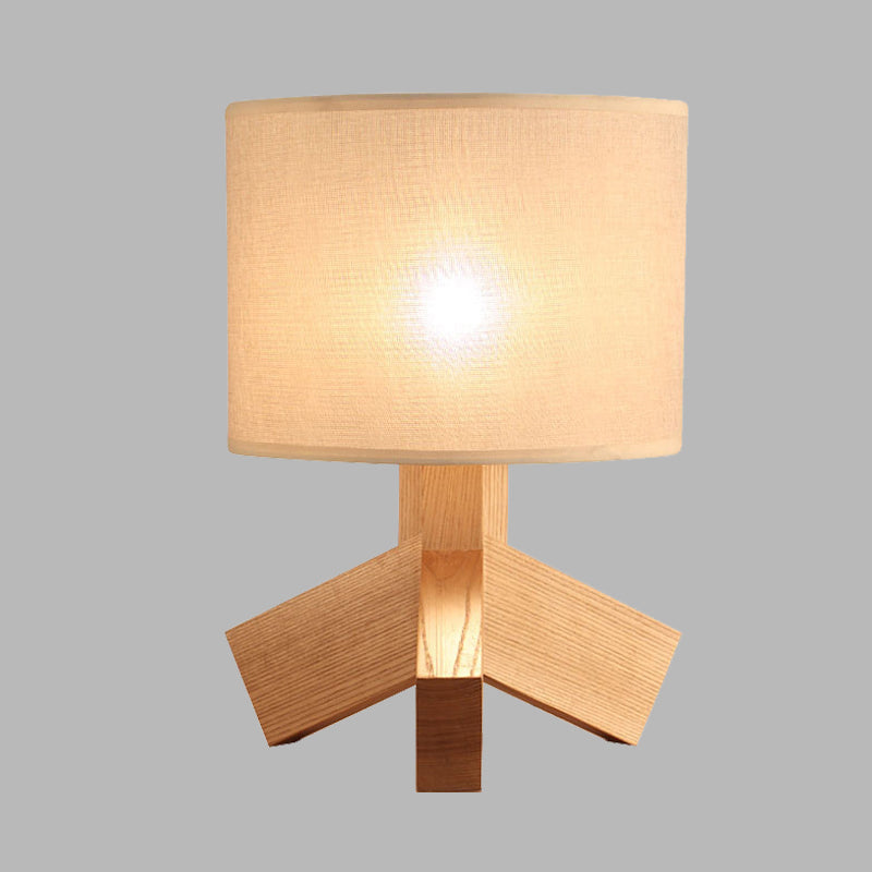 Beige Tripod Base Desk Light Modernist 1 Light Wood Night Table Lamp with Drum Fabric Shade Clearhalo 'Lamps' 'Table Lamps' Lighting' 733736