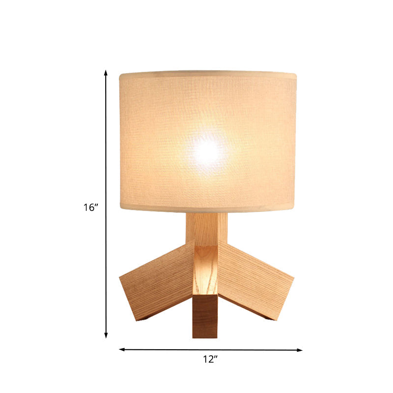 Beige Tripod Base Desk Light Modernist 1 Light Wood Night Table Lamp with Drum Fabric Shade Clearhalo 'Lamps' 'Table Lamps' Lighting' 733737