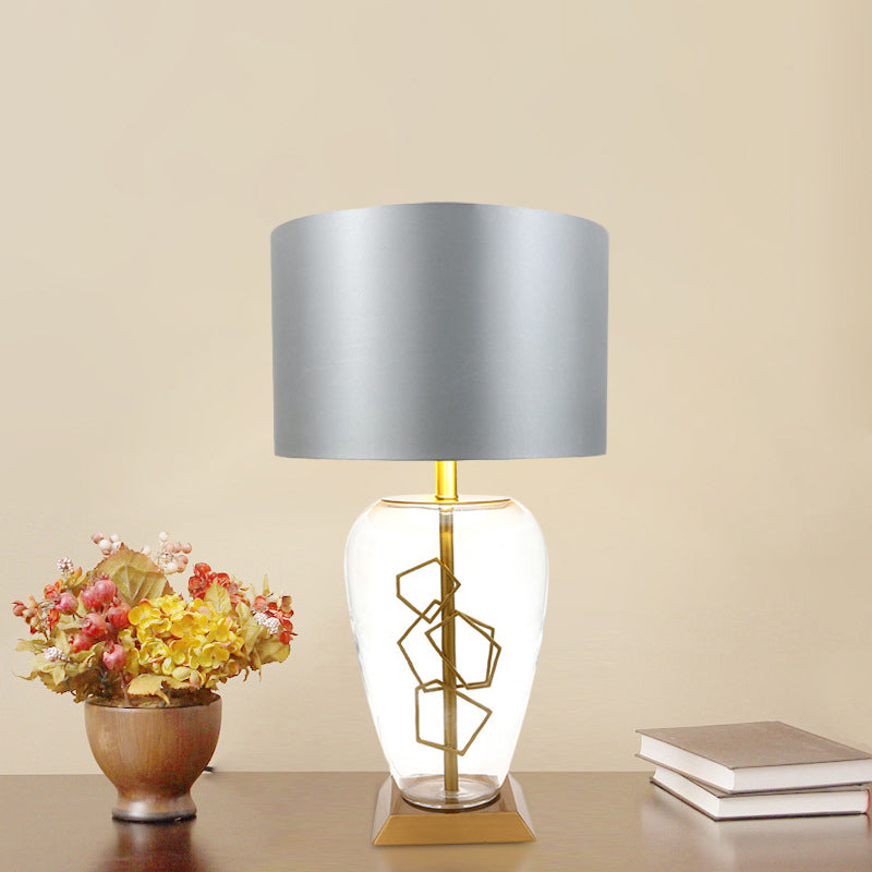 Urn Nightstand Light Modern Clear Glass 1 Head Brass Table Lamp with Drum Grey Fabric Shade Clearhalo 'Lamps' 'Table Lamps' Lighting' 733764