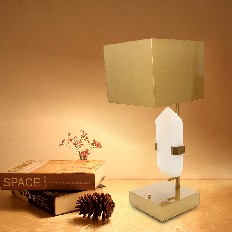 Modern Rectangle Table Light Stainless Steel 1 Light Bedroom Desk Lamp in Gold with Geometric Jade Decor Gold Clearhalo 'Lamps' 'Table Lamps' Lighting' 733783