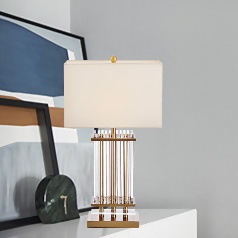 White Fabric Rectangle Night Table Light Minimalist 1 Light Gold Desk Lamp with Clear Glass Bars Clearhalo 'Lamps' 'Table Lamps' Lighting' 734028