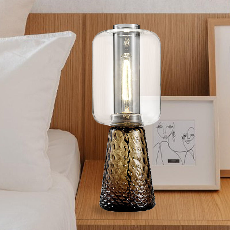 Trapezoid Bedroom Desk Light Smoke Gray/Cognac Water Glass 1-Light Postmodern Plug-In Table Lamp with Cylinder Shade Cognac Clearhalo 'Lamps' 'Table Lamps' Lighting' 734047