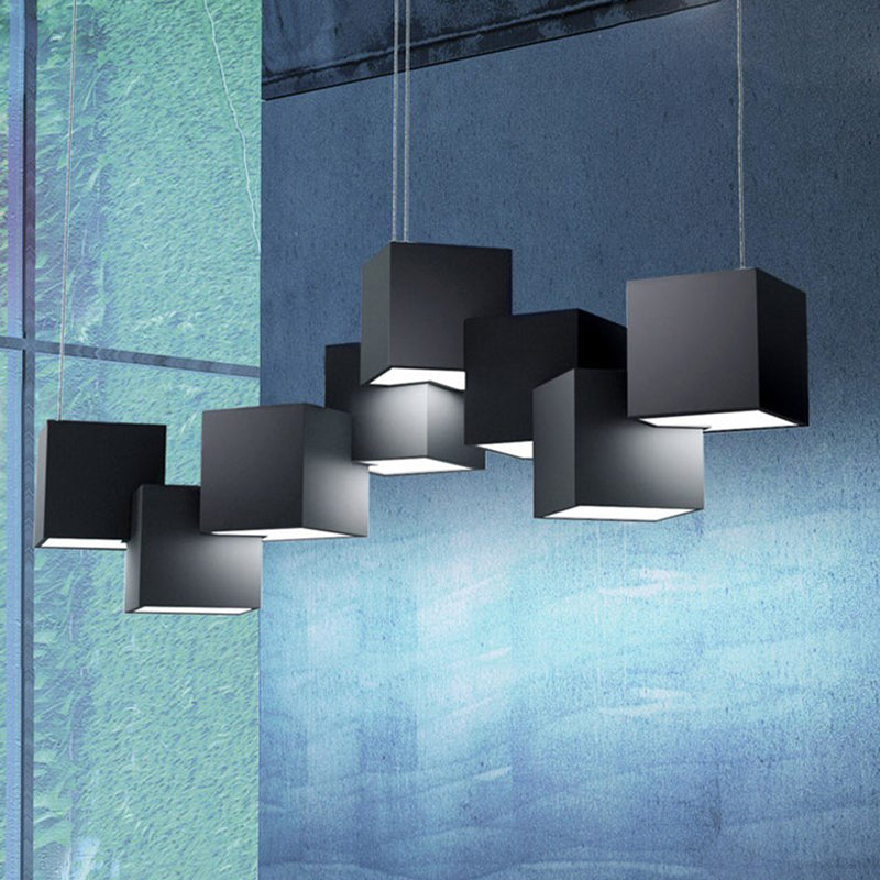 Black/White Spliced Cube Ceiling Light Modernist 8 Lights Metal LED Cluster Pendant Lamp in White/Warm Light, 25.5