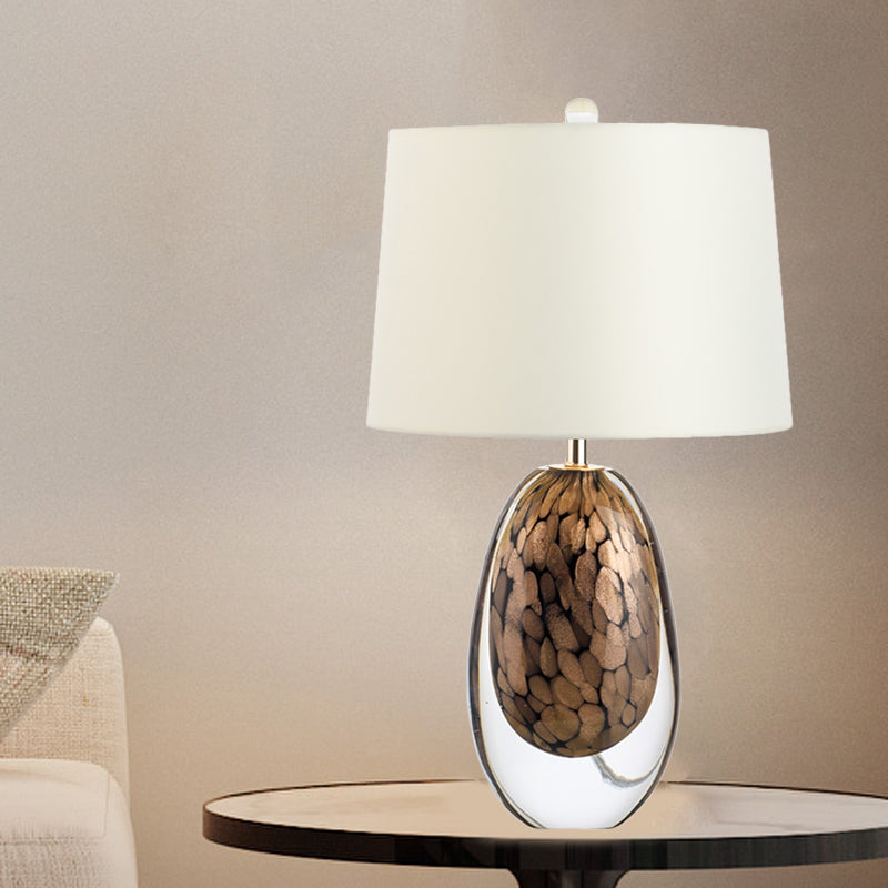 White Drum Nightstand Light Modernist 1 Light Fabric Table Lamp with Oval Colored Glaze Base White Clearhalo 'Lamps' 'Table Lamps' Lighting' 734295