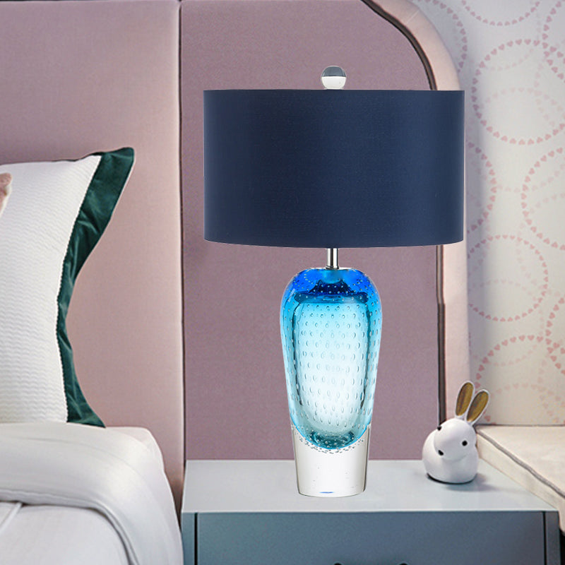 Blue Bubble Glass Urn Desk Light Contemporary 1 Light Night Table Lamp with Fabric Shade Blue Clearhalo 'Lamps' 'Table Lamps' Lighting' 734330