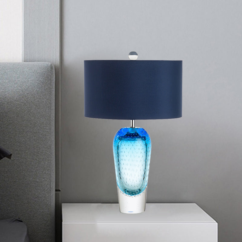 Blue Bubble Glass Urn Desk Light Contemporary 1 Light Night Table Lamp with Fabric Shade Clearhalo 'Lamps' 'Table Lamps' Lighting' 734331