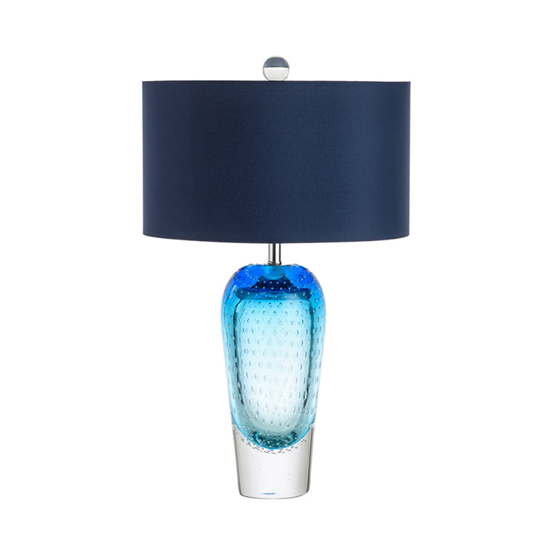 Blue Bubble Glass Urn Desk Light Contemporary 1 Light Night Table Lamp with Fabric Shade Clearhalo 'Lamps' 'Table Lamps' Lighting' 734333