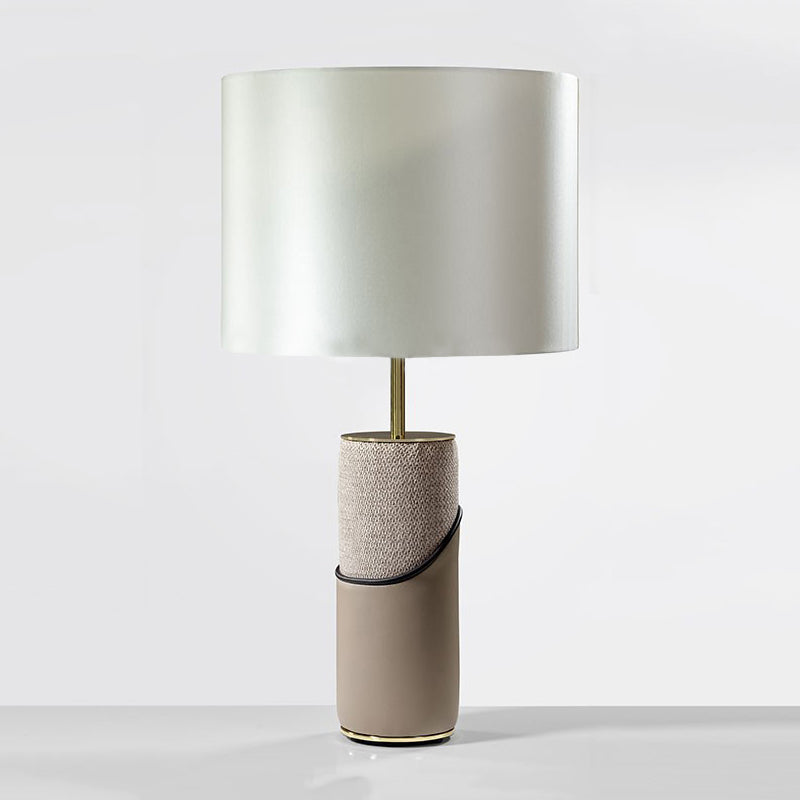 Fur Cylinder Nightstand Light Modernism 1 Head Grey Table Lamp with Drum White Fabric Shade Clearhalo 'Lamps' 'Table Lamps' Lighting' 734350