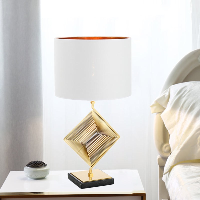 Pyramid Bedroom Table Light Metallic 1 Light Modern Desk Lamp in Gold with White Fabric Shade Clearhalo 'Lamps' 'Table Lamps' Lighting' 734355