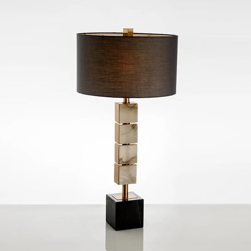Drum Fabric Table Lighting Modernism 1-Light Brown Desk Lamp with Cube Marble Base Brown Clearhalo 'Lamps' 'Table Lamps' Lighting' 734369
