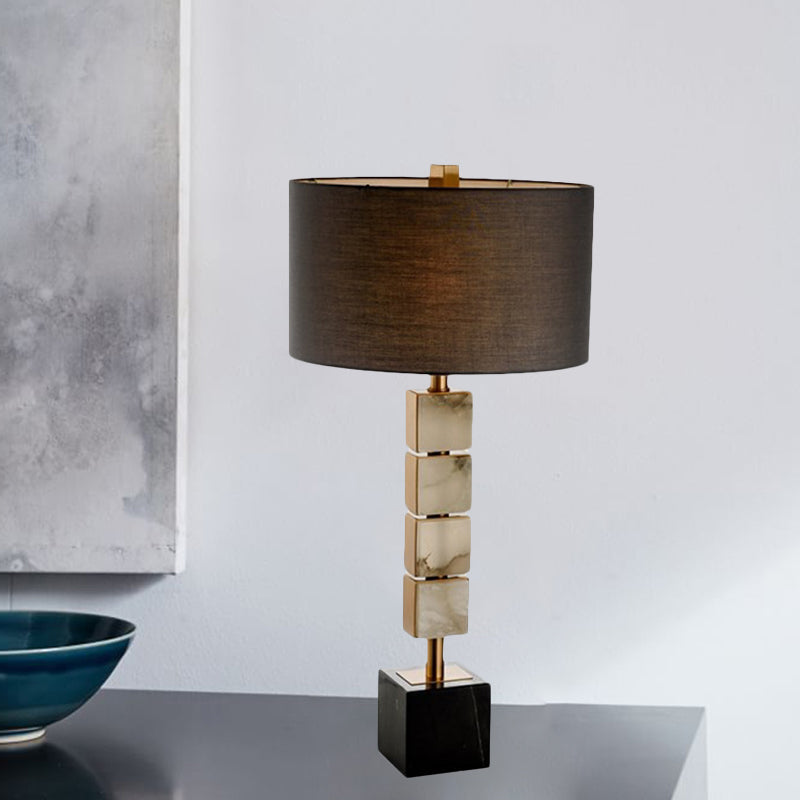 Drum Fabric Table Lighting Modernism 1-Light Brown Desk Lamp with Cube Marble Base Clearhalo 'Lamps' 'Table Lamps' Lighting' 734370