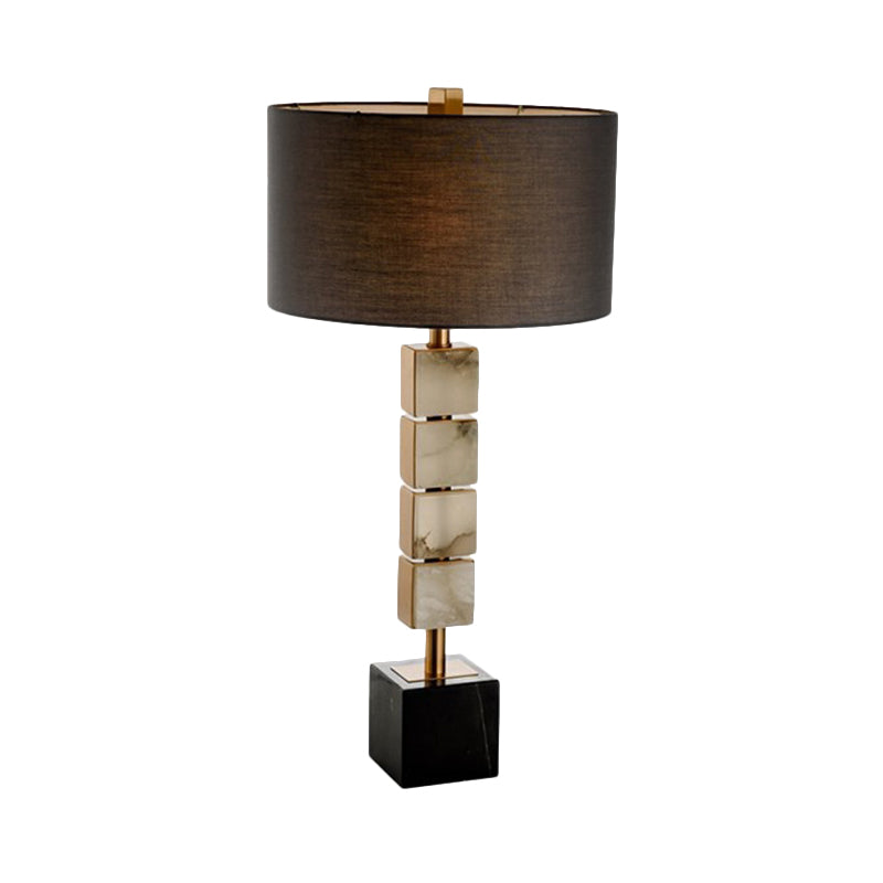 Drum Fabric Table Lighting Modernism 1-Light Brown Desk Lamp with Cube Marble Base Clearhalo 'Lamps' 'Table Lamps' Lighting' 734372