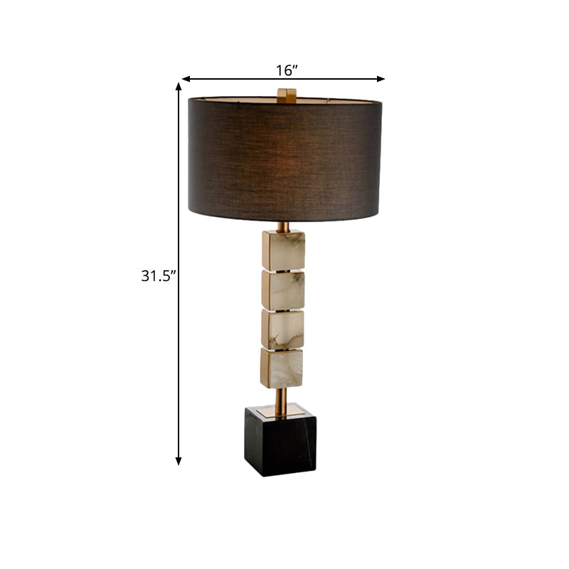 Drum Fabric Table Lighting Modernism 1-Light Brown Desk Lamp with Cube Marble Base Clearhalo 'Lamps' 'Table Lamps' Lighting' 734373