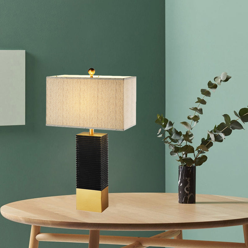 Black Finish Rectangle Desk Lighting Modernism 1-Bulb Metallic Table Lamp with Beige Fabric Shade Clearhalo 'Lamps' 'Table Lamps' Lighting' 734430