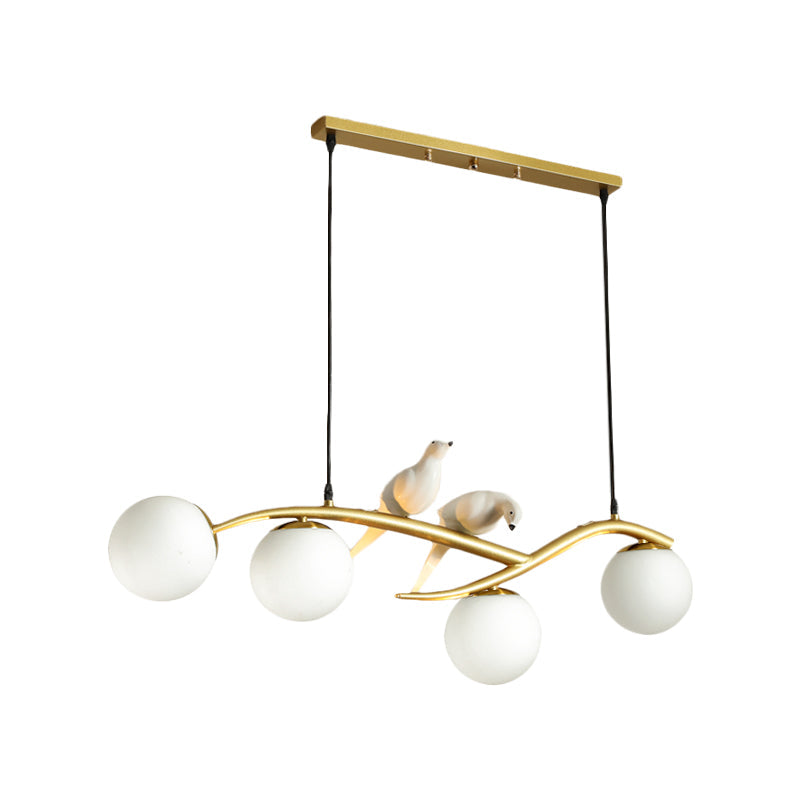 Milk White/Smoke Grey Glass Globe Chandelier Light Minimal 4 Lights Suspension Pendant Light in Black/Gold with Birds Deco Gold Milk White Clearhalo 'Ceiling Lights' 'Glass shade' 'Glass' 'Modern Pendants' 'Modern' 'Pendant Lights' 'Pendants' Lighting' 734568