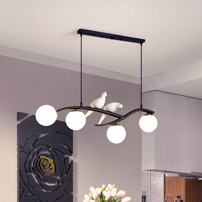 Milk White/Smoke Grey Glass Globe Chandelier Light Minimal 4 Lights Suspension Pendant Light in Black/Gold with Birds Deco Clearhalo 'Ceiling Lights' 'Glass shade' 'Glass' 'Modern Pendants' 'Modern' 'Pendant Lights' 'Pendants' Lighting' 734572