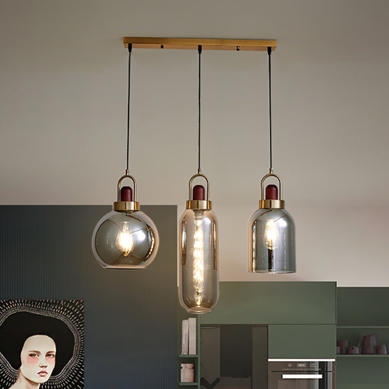 Smoke Grey Glass Geometric Cluster Pendant Light Minimalist 3-Head Brown Hanging Lamp Kit for Dining Room Clearhalo 'Ceiling Lights' 'Glass shade' 'Glass' 'Modern Pendants' 'Modern' 'Pendant Lights' 'Pendants' Lighting' 734581