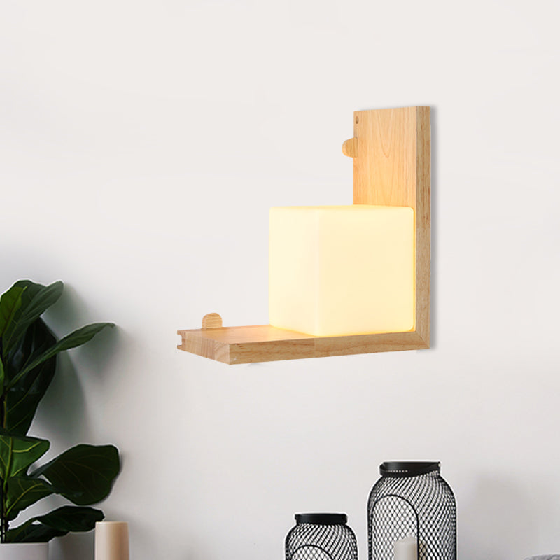 Wood Right Angle Panel Flush Wall Sconce Minimalist LED Beige Wall Light Fixture with Cube Opal Glass Shade Clearhalo 'Wall Lamps & Sconces' 'Wall Lights' Lighting' 734755