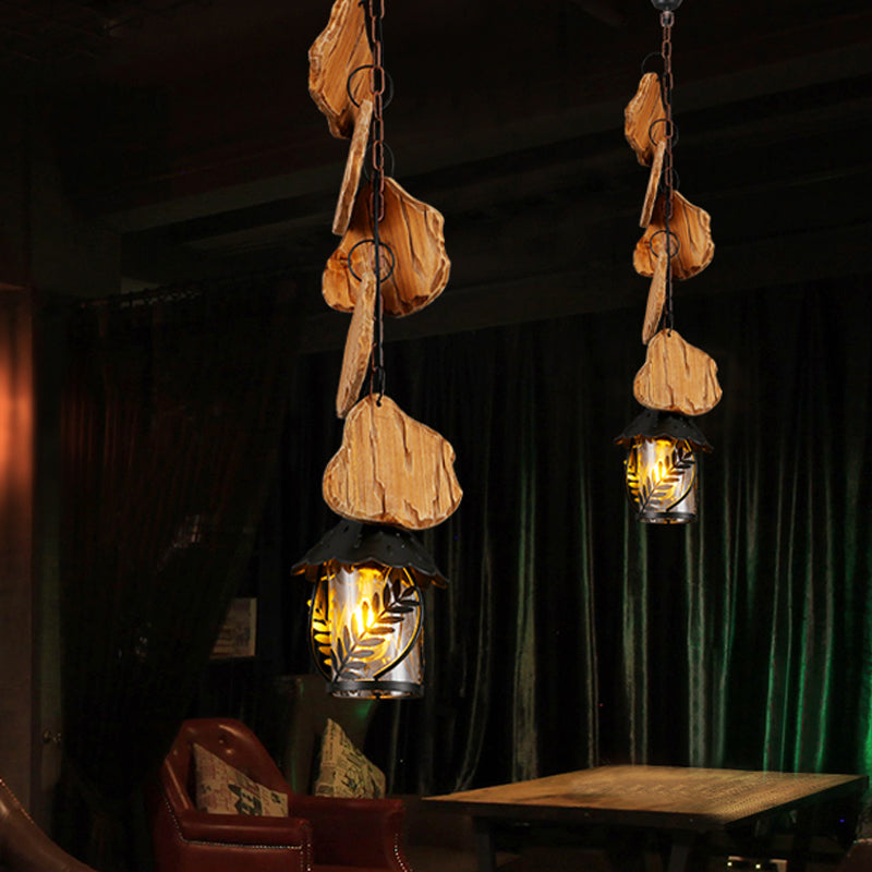 Kerosene Dining Room Pendant Lamp Factory White Fabric/Clear Glass 1-Light Black Wood Down Lighting with Leaf Pattern Clear Clearhalo 'Art Deco Pendants' 'Cast Iron' 'Ceiling Lights' 'Ceramic' 'Crystal' 'Industrial Pendants' 'Industrial' 'Metal' 'Middle Century Pendants' 'Pendant Lights' 'Pendants' 'Tiffany' Lighting' 734896