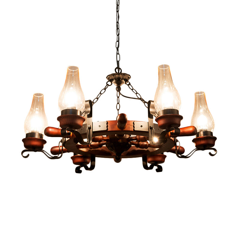 6/8-Light Drop Pendant Factory Vase Clear Glass Chandelier Light Fixture with Wood Rudder in Brown Clearhalo 'Ceiling Lights' 'Chandeliers' 'Glass shade' 'Glass' 'Industrial Chandeliers' 'Industrial' 'Middle Century Chandeliers' 'Tiffany' Lighting' 734938