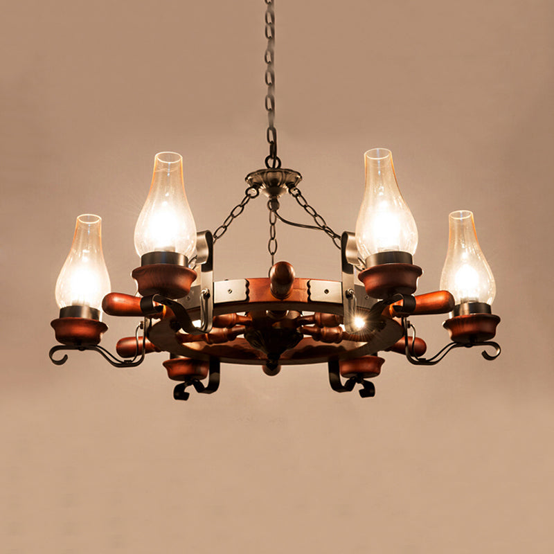 6/8-Light Drop Pendant Factory Vase Clear Glass Chandelier Light Fixture with Wood Rudder in Brown Clearhalo 'Ceiling Lights' 'Chandeliers' 'Glass shade' 'Glass' 'Industrial Chandeliers' 'Industrial' 'Middle Century Chandeliers' 'Tiffany' Lighting' 734939