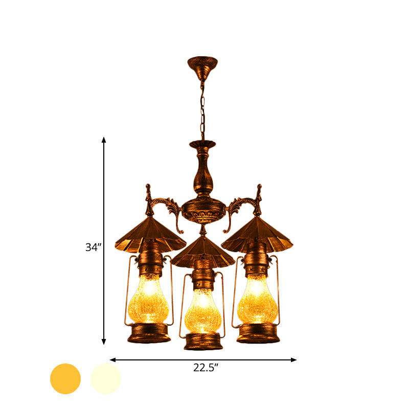 Bronze 3 Heads Pendant Chandelier Warehouse Yellow Crackle/White Glass Kerosene Hanging Ceiling Light for Restaurant Clearhalo 'Ceiling Lights' 'Chandeliers' 'Glass shade' 'Glass' 'Industrial Chandeliers' 'Industrial' 'Middle Century Chandeliers' 'Pendant Lights' 'Tiffany' Lighting' 734944