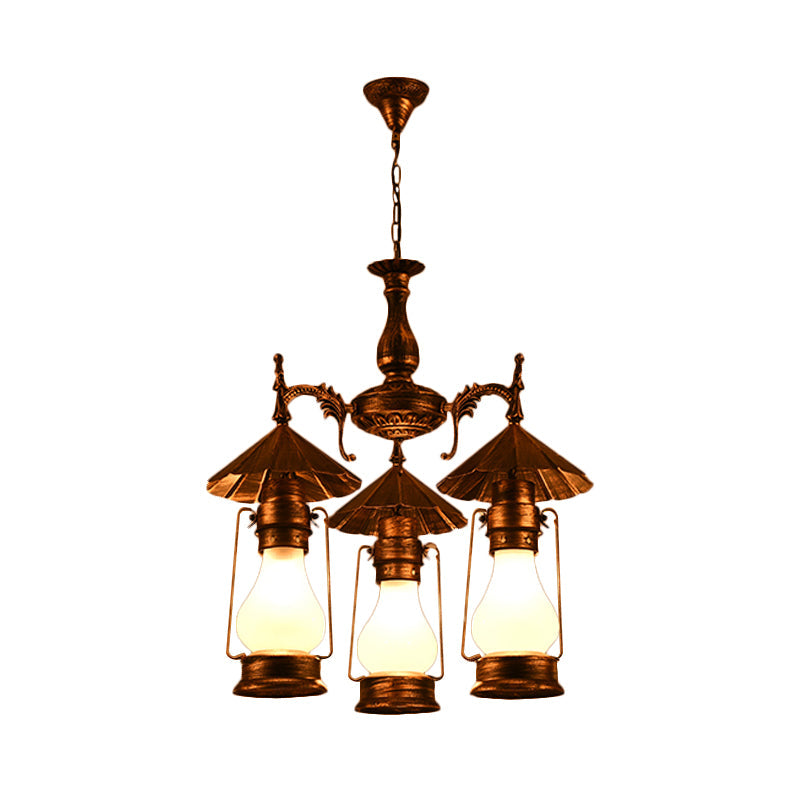 Bronze 3 Heads Pendant Chandelier Warehouse Yellow Crackle/White Glass Kerosene Hanging Ceiling Light for Restaurant Clearhalo 'Ceiling Lights' 'Chandeliers' 'Glass shade' 'Glass' 'Industrial Chandeliers' 'Industrial' 'Middle Century Chandeliers' 'Pendant Lights' 'Tiffany' Lighting' 734947