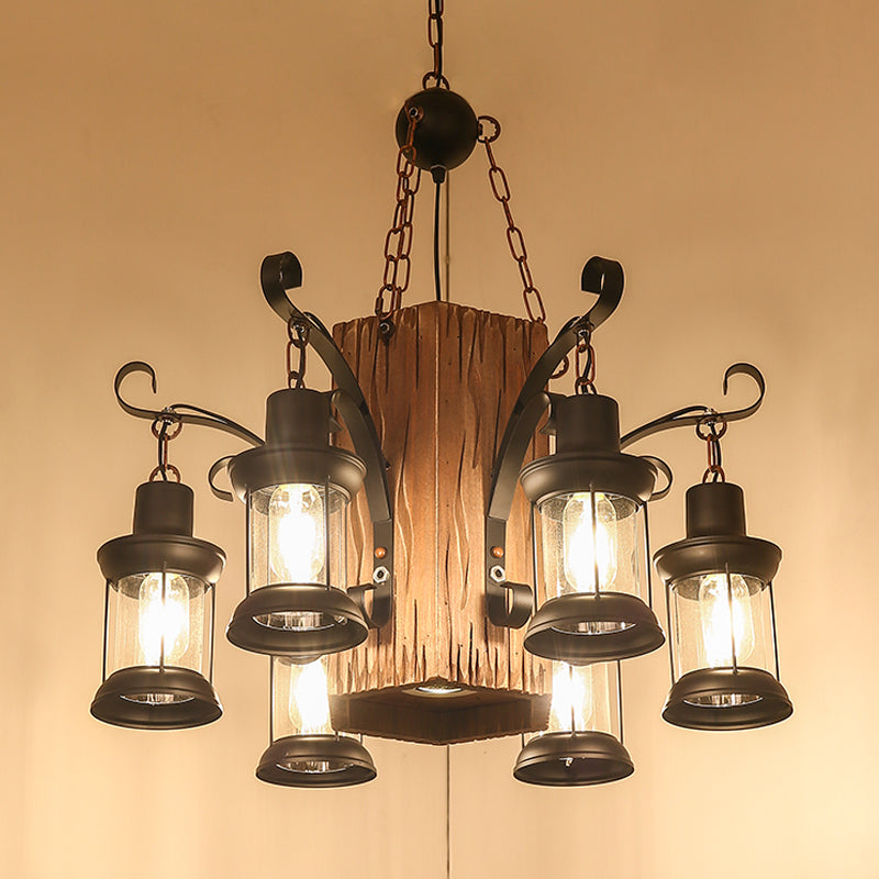 Lantern Clear Glass Chandelier Lighting Farmhouse 6 Lights Dining Room Hanging Lamp in Black with Rectangle Wood Deco Clearhalo 'Cast Iron' 'Ceiling Lights' 'Chandeliers' 'Industrial Chandeliers' 'Industrial' 'Metal' 'Middle Century Chandeliers' 'Rustic Chandeliers' 'Tiffany' Lighting' 734955