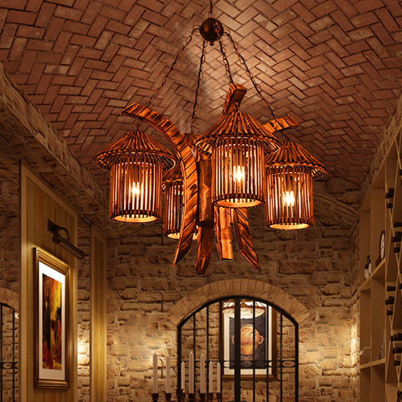 4 Lights Wood Chandelier Light Warehouse Brown Lantern Dining Room Hanging Pendant with Curved Arm Brown Clearhalo 'Carpenter Chandeliers' 'Ceiling Lights' 'Chandeliers' 'Industrial Chandeliers' 'Industrial' 'Middle Century Chandeliers' 'Modern' 'Tiffany' Lighting' 734969