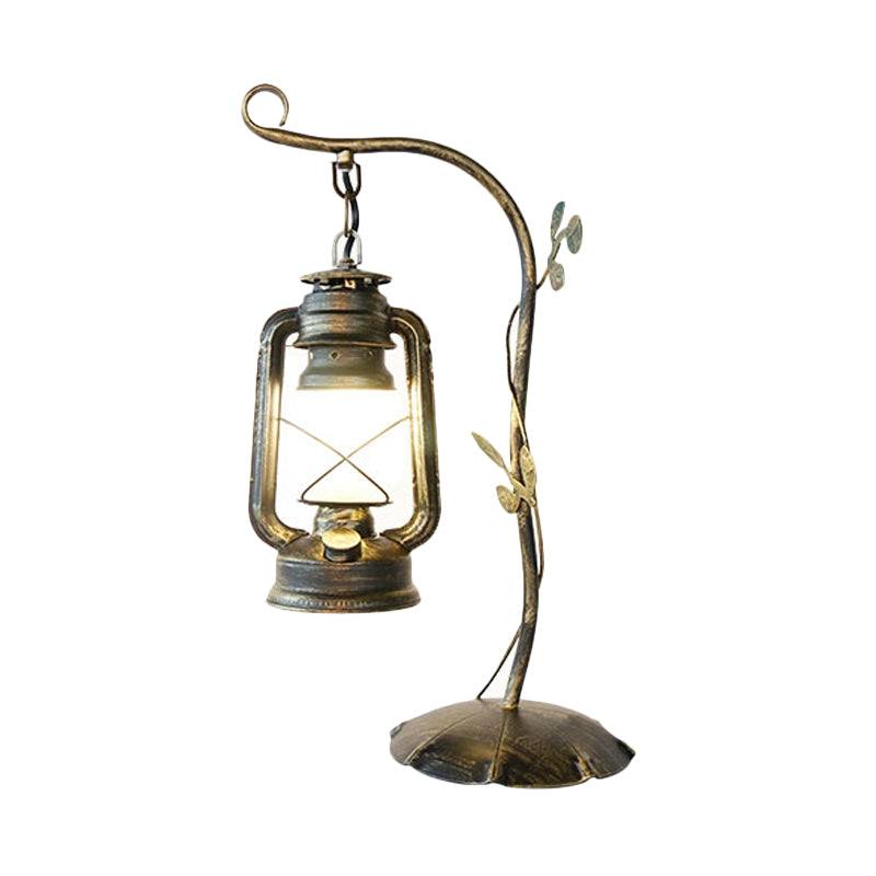 Kerosene Frosted Glass Table Lighting Warehouse 1 Light Bedroom Desk Lamp in Brass with Metal Branch Arm Clearhalo 'Lamps' 'Table Lamps' Lighting' 735035