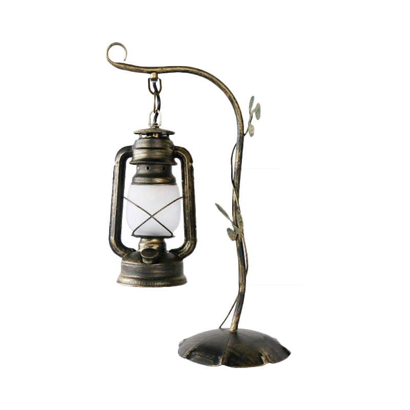 Kerosene Frosted Glass Table Lighting Warehouse 1 Light Bedroom Desk Lamp in Brass with Metal Branch Arm Clearhalo 'Lamps' 'Table Lamps' Lighting' 735036