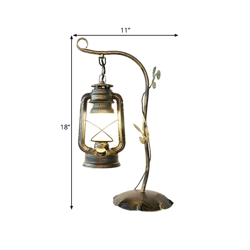 Kerosene Frosted Glass Table Lighting Warehouse 1 Light Bedroom Desk Lamp in Brass with Metal Branch Arm Clearhalo 'Lamps' 'Table Lamps' Lighting' 735037