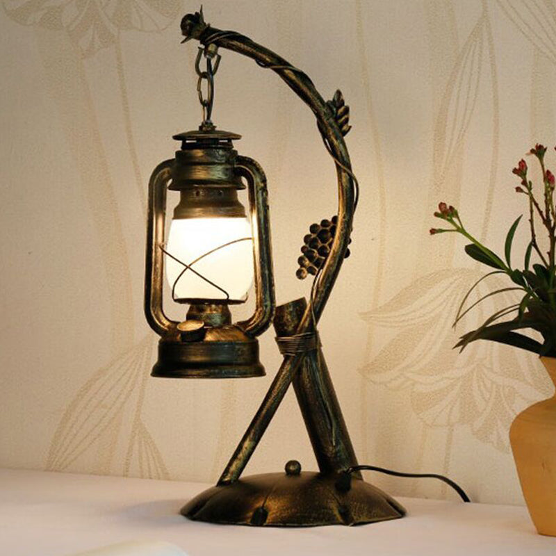 Opal Glass Lantern Table Lamp Vintage 1 Head Bedroom Desk Light in Brass with Metal Angled Arm Brass A Clearhalo 'Lamps' 'Table Lamps' Lighting' 735038