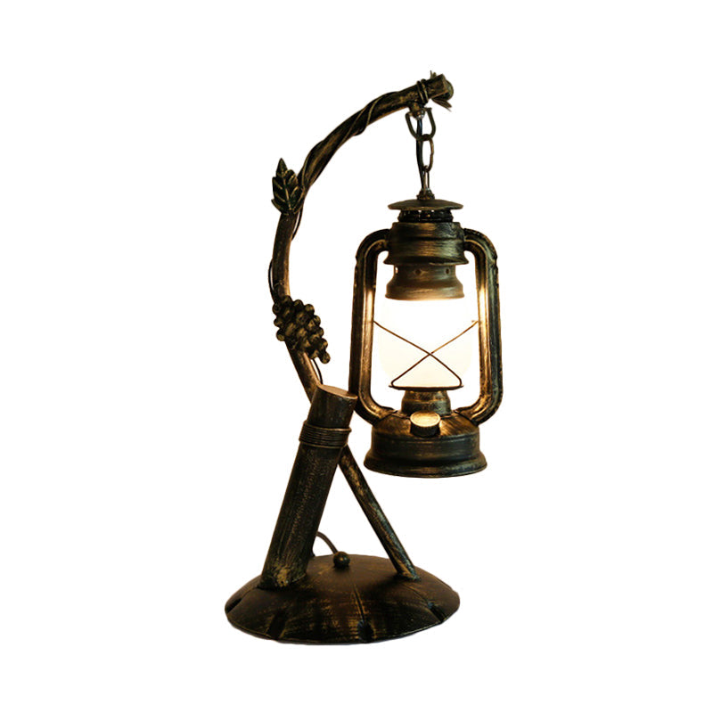 Opal Glass Lantern Table Lamp Vintage 1 Head Bedroom Desk Light in Brass with Metal Angled Arm Clearhalo 'Lamps' 'Table Lamps' Lighting' 735039