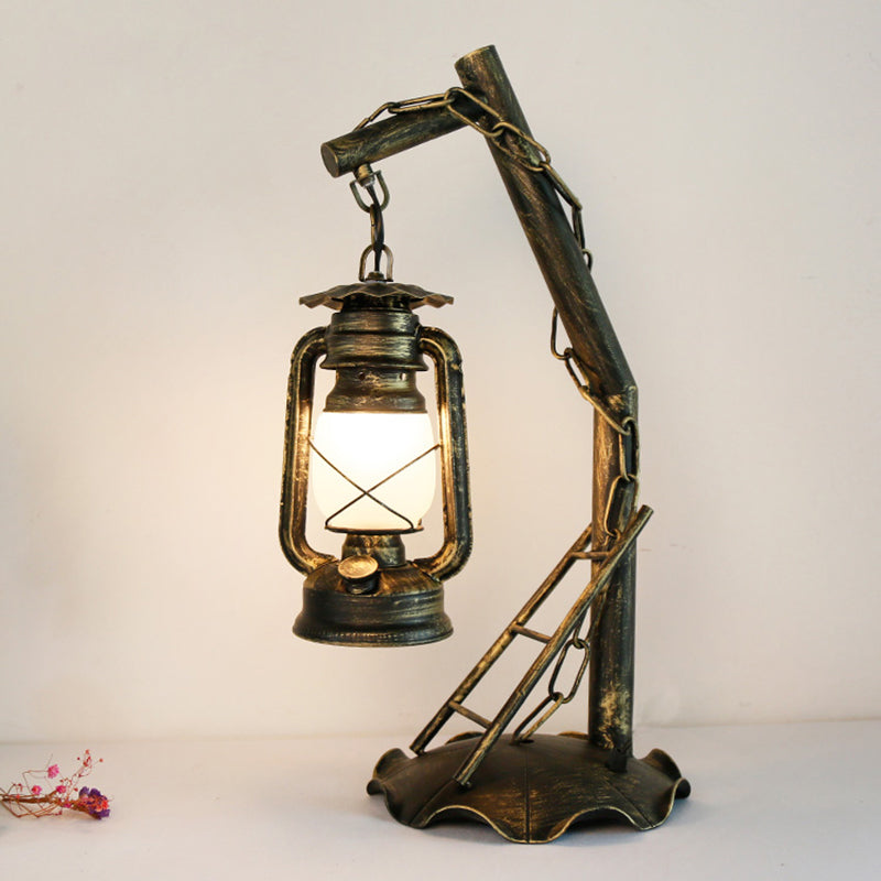 Opal Glass Lantern Table Lamp Vintage 1 Head Bedroom Desk Light in Brass with Metal Angled Arm Brass B Clearhalo 'Lamps' 'Table Lamps' Lighting' 735042