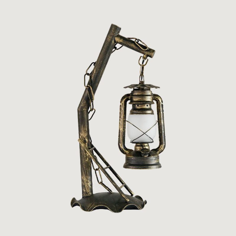 Opal Glass Lantern Table Lamp Vintage 1 Head Bedroom Desk Light in Brass with Metal Angled Arm Clearhalo 'Lamps' 'Table Lamps' Lighting' 735045