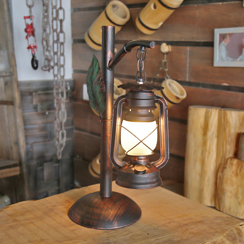 1 Light Frosted Glass Table Lighting Vintage Copper Lantern Coffee Shop Desk Lamp with Iron Dome Base Clearhalo 'Lamps' 'Table Lamps' Lighting' 735068