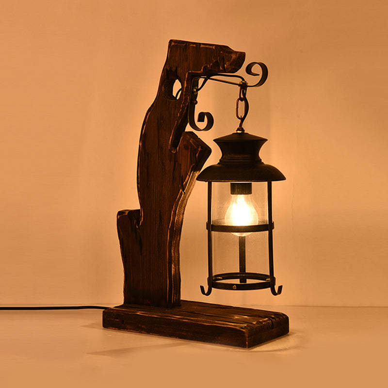 Clear Glass Black Table Lamp Lantern 1 Head Industrial Style Desk Light with Wood Base Clearhalo 'Lamps' 'Table Lamps' Lighting' 735073