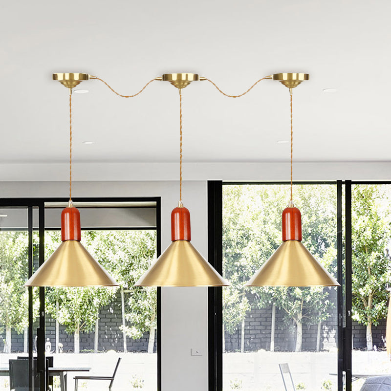 Metallic Gold Finish Multi-Light Pendant Conical 3/5/7 Lights Industrial Tandem Hanging Ceiling Lamp Clearhalo 'Art Deco Pendants' 'Cast Iron' 'Ceiling Lights' 'Ceramic' 'Crystal' 'Industrial Pendants' 'Industrial' 'Metal' 'Middle Century Pendants' 'Pendant Lights' 'Pendants' 'Tiffany' Lighting' 735169