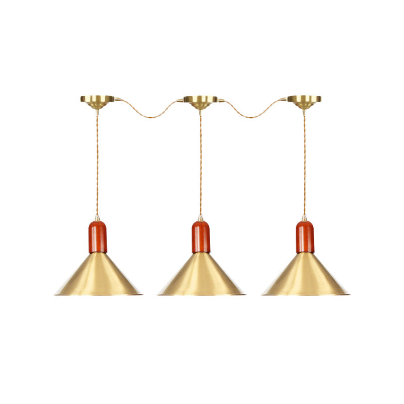 Metallic Gold Finish Multi-Light Pendant Conical 3/5/7 Lights Industrial Tandem Hanging Ceiling Lamp Clearhalo 'Art Deco Pendants' 'Cast Iron' 'Ceiling Lights' 'Ceramic' 'Crystal' 'Industrial Pendants' 'Industrial' 'Metal' 'Middle Century Pendants' 'Pendant Lights' 'Pendants' 'Tiffany' Lighting' 735170