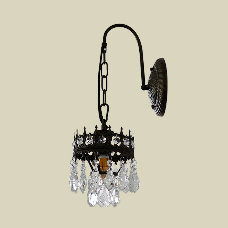 Traditionalism Crown Wall Light Sconce Metallic 1 Light Living Room Wall Lamp in Brass/Black with Crystal Droplet Clearhalo 'Wall Lamps & Sconces' 'Wall Lights' Lighting' 735237