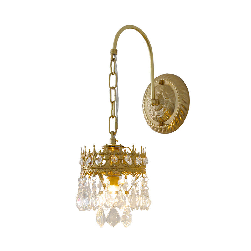 Traditionalism Crown Wall Light Sconce Metallic 1 Light Living Room Wall Lamp in Brass/Black with Crystal Droplet Clearhalo 'Wall Lamps & Sconces' 'Wall Lights' Lighting' 735241