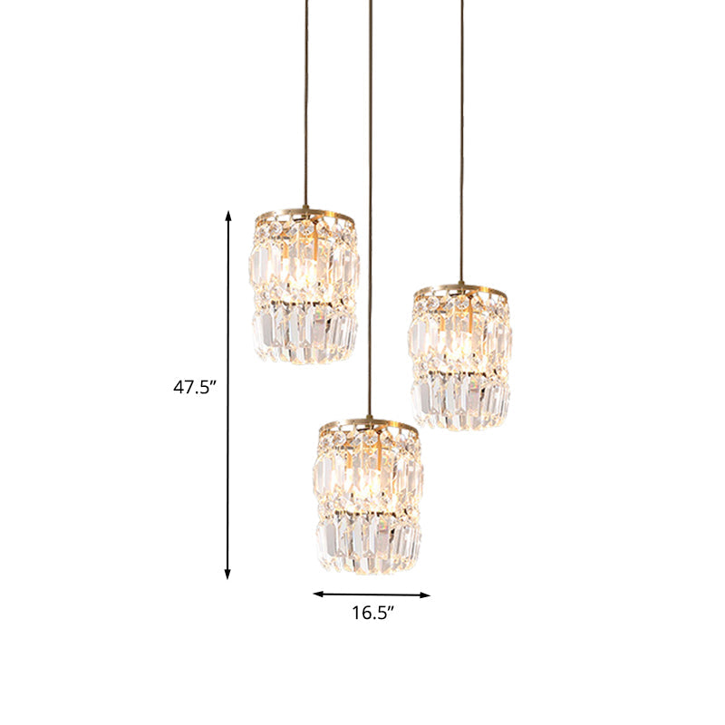 Cylinder Crystal Multiple Hanging Light Modern 3-Bulb Brass Finish Pendant Lamp Fixture with Linear/Round Canopy Clearhalo 'Ceiling Lights' 'Modern Pendants' 'Modern' 'Pendant Lights' 'Pendants' Lighting' 735253