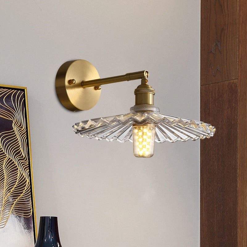 1 Head Bedside Sconce Light Fixture Simple Brass Wall Mounted Lamp with Scalloped Clear Glass Shade Brass A Clearhalo 'Cast Iron' 'Glass' 'Industrial' 'Modern wall lights' 'Modern' 'Tiffany' 'Traditional wall lights' 'Wall Lamps & Sconces' 'Wall Lights' Lighting' 735258